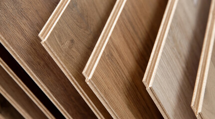 Closeup laminate and parquet wood chipboard, architecture and construction for flooring and interior design in market
