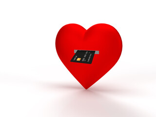 Heart as bankomat and credit card  on isolated background. Online shopping during Valentines Day with hearts.