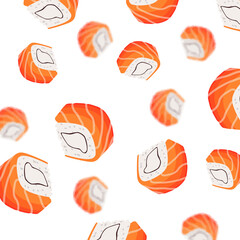 Naklejka premium Pattern Rolls of rice and salmon falling down.Isolated on a white background. Japanese food