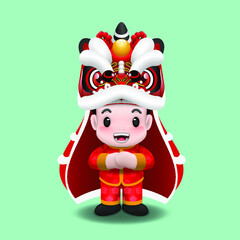 Cute asian boy celebrate Lunar new year festival by dancing with Lion dance performance. Chinese tradition realistic 3d clip art.