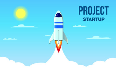 Space rocket launch as a startup business concept.Rocket flying up against the background of the city.  Startup business lettering below.  