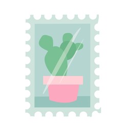 Small postage stamp with a cactus. Simple drawing in pastel colors. Vector illustration drawn in cartoon style isolated on white background