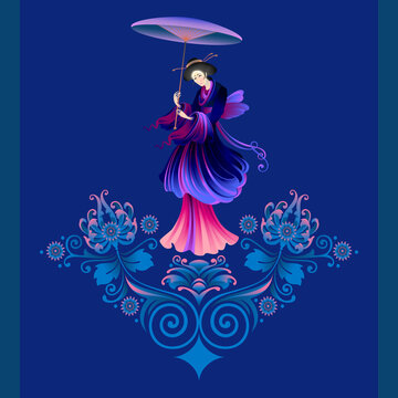 The stylized image of a Japanese girl. Geisha. Pattern of flowers and lines on a dark background