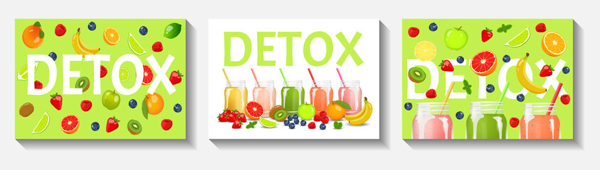 Set of flyer. Smoothies with fruits and berries. Fresh fruits, Natural food, Detox, Healthy eating, Vegan concept. Vector illustration for poster, banner, flyer, menu, cover, advertising.