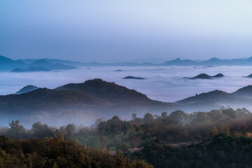 Landscape of mountains at Loei, Phu Huat, Phu Bor Bid. Sunset at the beautiful nature along the way to Phu Ruea.