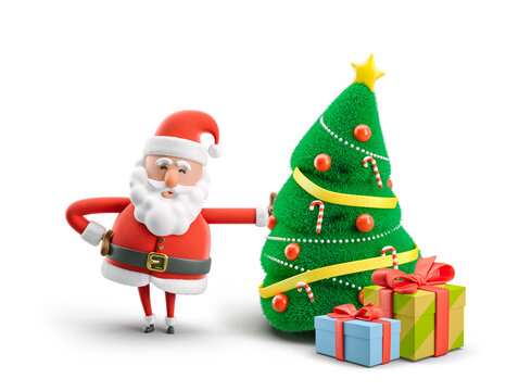 3d Illustration. Cartoon character Santa Claus with Christmas tree. Christmas card. 