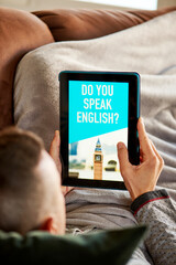 man and text do you speak english in his tablet