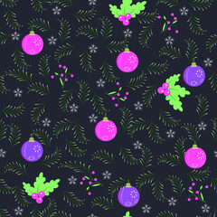 Snow-covered green branches of spruce with snowflakes. Seamless pattern, festive background for Christmas,