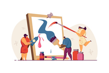 Tiny people creating picture in artwork studio flat vector illustration. Cartoon artists painting or drawing masterpiece on canvas with paintbrush. Art school and art community concept
