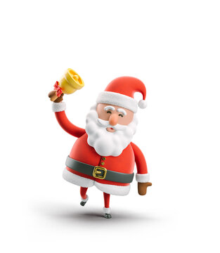 3d Illustration. Cartoon character Santa Claus with bell. Christmas card. 