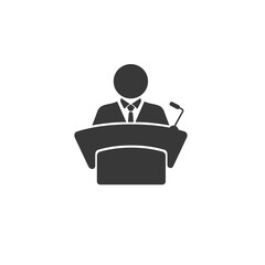 Man in conference suit on podium, tribune icon. Speech by people leader, businessman, head, teacher