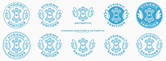 Conceptual marks for product packaging. Marking - hygienic sanitizer or antiseptic. A brand with wings and a bacteria or microbe icon - a symbol of the medical destruction of bacteria. Vector