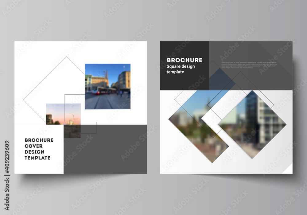 Poster vector layout of two square format covers design templates with geometric simple shapes, lines and p