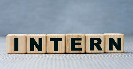INTERN - word on wooden cubes close-up on a gray background