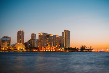 Fototapeta na wymiar city skyline at sunset Brickell key Miami Florida houses 