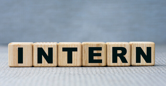 INTERN - word on wooden cubes close-up on a gray background
