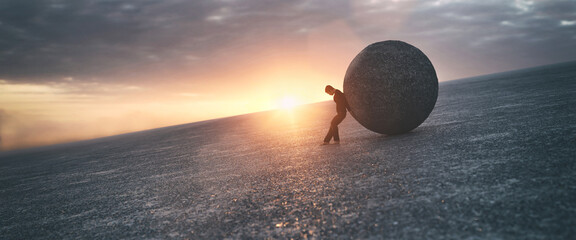 Ilustration of a man maintaining a concrete ball, 3d rendering