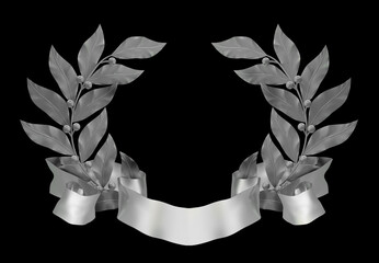 The frame is made of silver laurel wreaths with a ribbon. Silver ribbon for lettering or advertising. 3d render