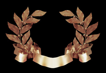 The frame is made of bronze laurel wreaths with a ribbon. Bronze ribbon for lettering or advertising. 3d render
