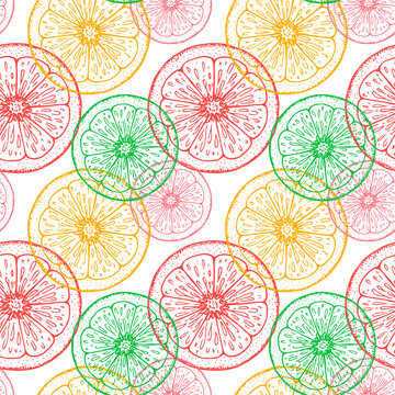 Colorful hand drawn citrus seamless pattern. Vector illustration in sketch style