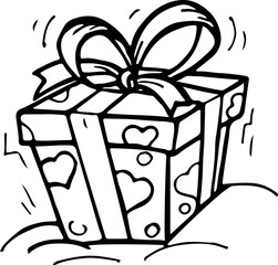 gift box hand-drawn in vector with the image of hearts and tied with a ribbon