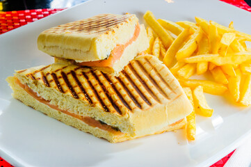 Grilled club sandwich with french fries isolated on white plate