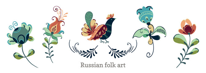 Flowers and birds in russian folk art painting style. Vector set of floral elements for design.
