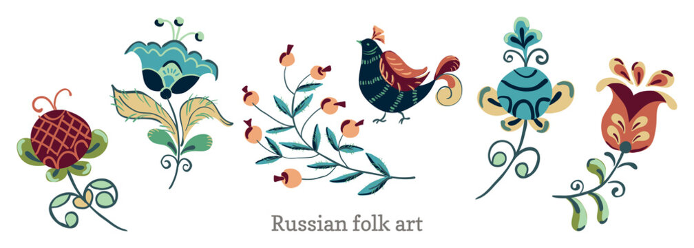 Flowers and birds in russian folk art painting style. Vector set of floral elements for design.