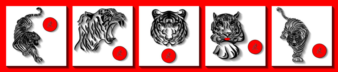 Set of square cards with tigers. Oriental zodiac symbol of 2022, year of the tiger. Hieroglyph means Tiger. Suitable for social media post, mobile app, banner design and web or internet ad. 