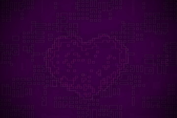 abstract background with code. abstract background with lines. pink valentine heart. Ornate glow stylish backdrop in dark purple and pink colors for festive card. Cool creative seamless design