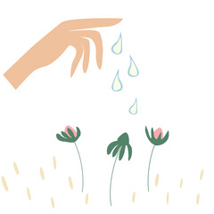 Vector cartoon illustration of hand watering plant, planting plants, seeds, flowers bloom, spring planting. Vector illustration on white background.
