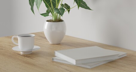 3d render Working desk with white background. blank book, green plant and coffee cup on wood table. minimal workspace. simple wall interior design concept template.