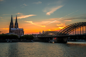 Sunset at Cologne, Germany. With Cologne Cathedral.