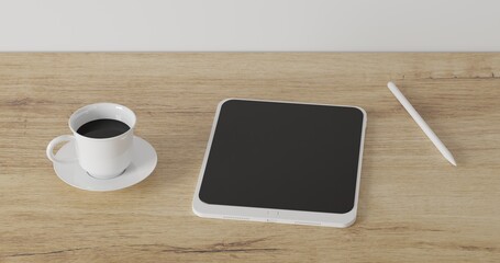 Fototapeta na wymiar 3d render Working desk with white background. tablet pencil and coffee cup on wood table. minimal workspace. simple wall interior design concept template.