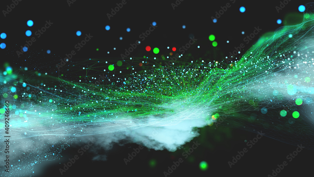 Poster Bigdata 3D illustration. Visualization of neural connections in artificial intelligence. Abstract, high tech background with polygonal mesh elements