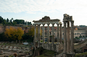 Forum, Rome. Temple of Saturn. Ancient classical architecture at the historic site at the heart of...