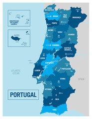 Portugal country political map. Detailed vector illustration with isolated states, regions, islands and cities easy to ungroup. 