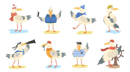 Obraz premium Cartoon seagull set. Different actions of bird wearing sailor costumes and hats. Vector illustration for cartoon gull, marine character, sailing, travel concept