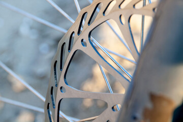 Part of the brake rotor of a mountain bike close-up