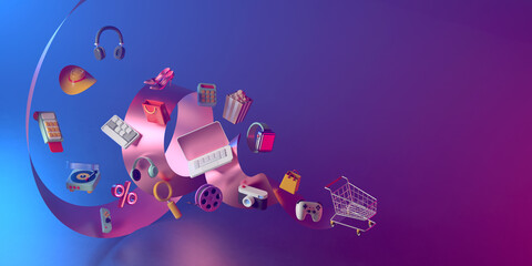 3d rendering of shopping cart and ribbon.