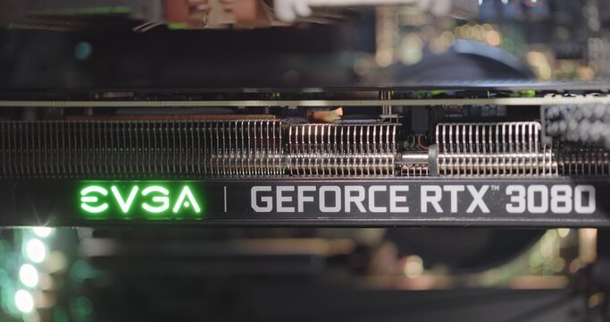 BUDAPEST, HUNGARY - CIRCA 2020: EVGA gForce RTX 3080 graphics card, which features Ampere architecture and raytracing technology