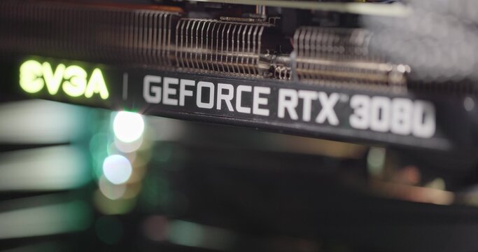 BUDAPEST, HUNGARY - CIRCA 2020: EVGA gForce RTX 3080 graphics card, which features Ampere architecture and raytracing technology