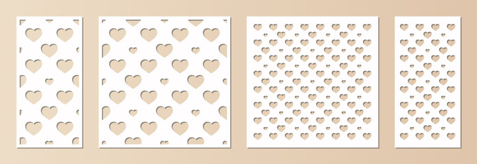 Laser cut pattern set. Vector template with romantic hearts ornament, abstract geometric grid. Decorative stencil for laser cutting of wood, metal, paper, plastic, engraving. Aspect ratio 1:1, 1:2