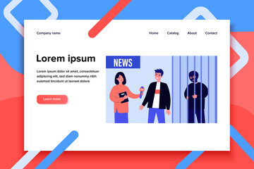 Journalist making crime report. Guy telling newscaster about his help in catching criminal. Flat vector illustration. Broadcasting, news concept for banner, website design or landing web page