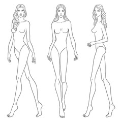 Beautiful slim women sketch, vector illustration. Nine head fashion figure templates. Fashion models walking on the podium.