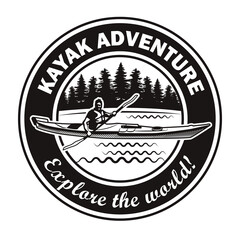 Kayaking label design. Monochrome element with kayaker, river, forest vector illustration with text. Travel and adventure club concept for stamps and emblems templates