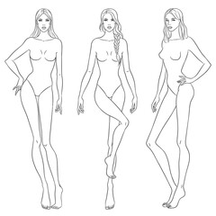 Beautiful slim women sketch, vector illustration. Nine head fashion figure templates. Fashion models walking on the podium.