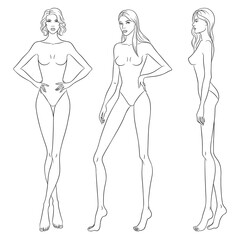 Beautiful slim women sketch, vector illustration. Nine head fashion figure templates. Fashion models walking on the podium.