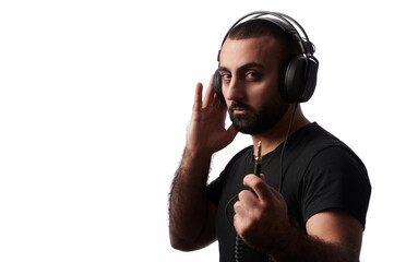 Young arabian man dj with headphones on isolated background