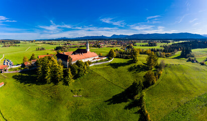 Obraz premium Aerial view of Reutberg Monastery, near Sachsenkam, Upper Bavaria, Bavaria, Germany,